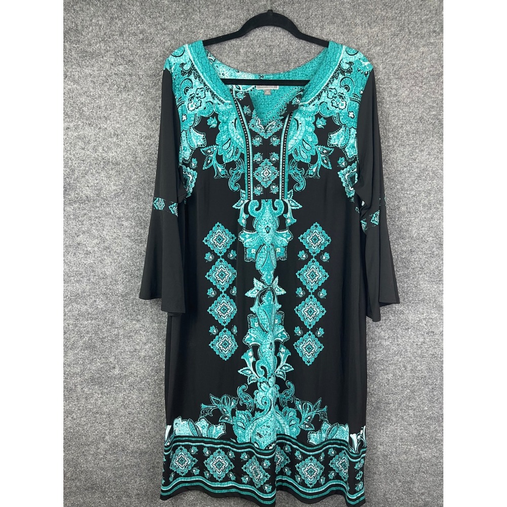 JM Collection Shift Dress Women's 2X Teal Black Bell Sleeve Medallion